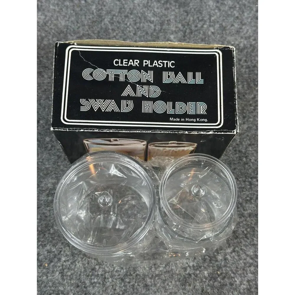 NEW Vintage Cotton‎ Ball & Swab QTip Holder Clear Plastic Lid Home Office NIB